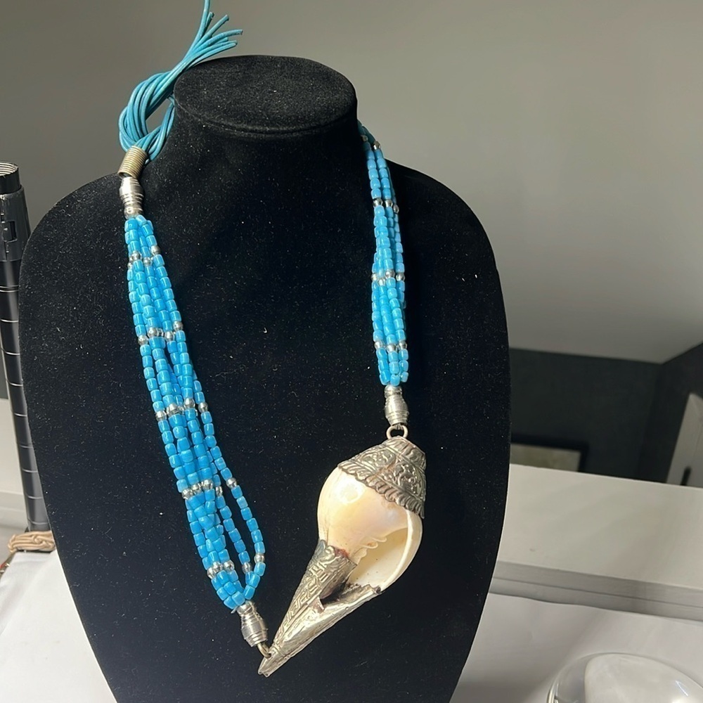 Turquoise Multi-strand Silver and Large Natural Shell Necklace with Leather Ties